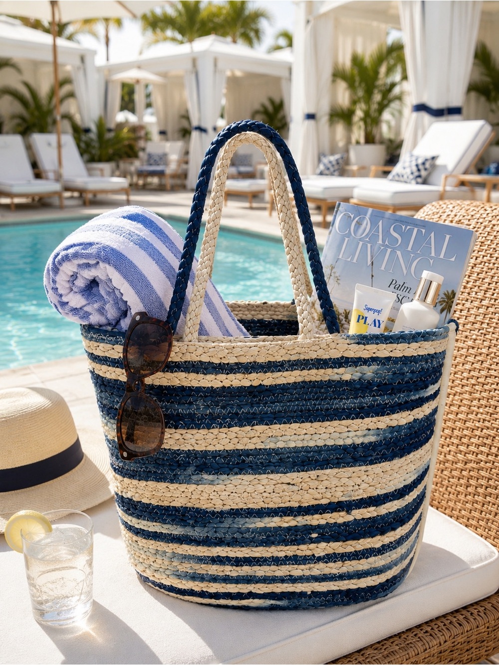 NWT Handmade Blue Stripe Jute Beach Tote Coastal Resort Market Bag OS